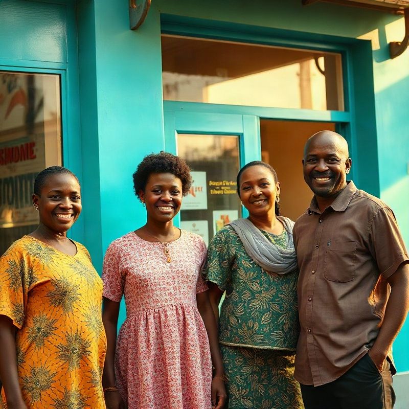 The Sparkkbeta family team outside their teal shopfront on a sunlit Kisumu street