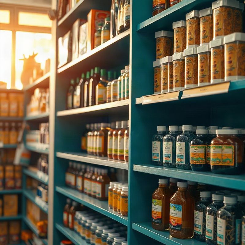Neatly arranged quality products on teal-accented shelves inside the Sparkkbeta shop